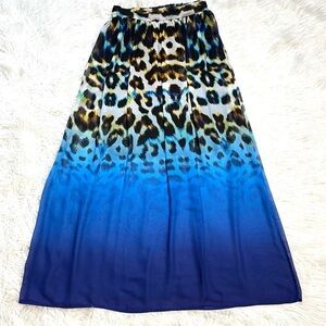Worthington Leopard Print Blue Chiffon Maxi Skirt Sheer Overlay Lined